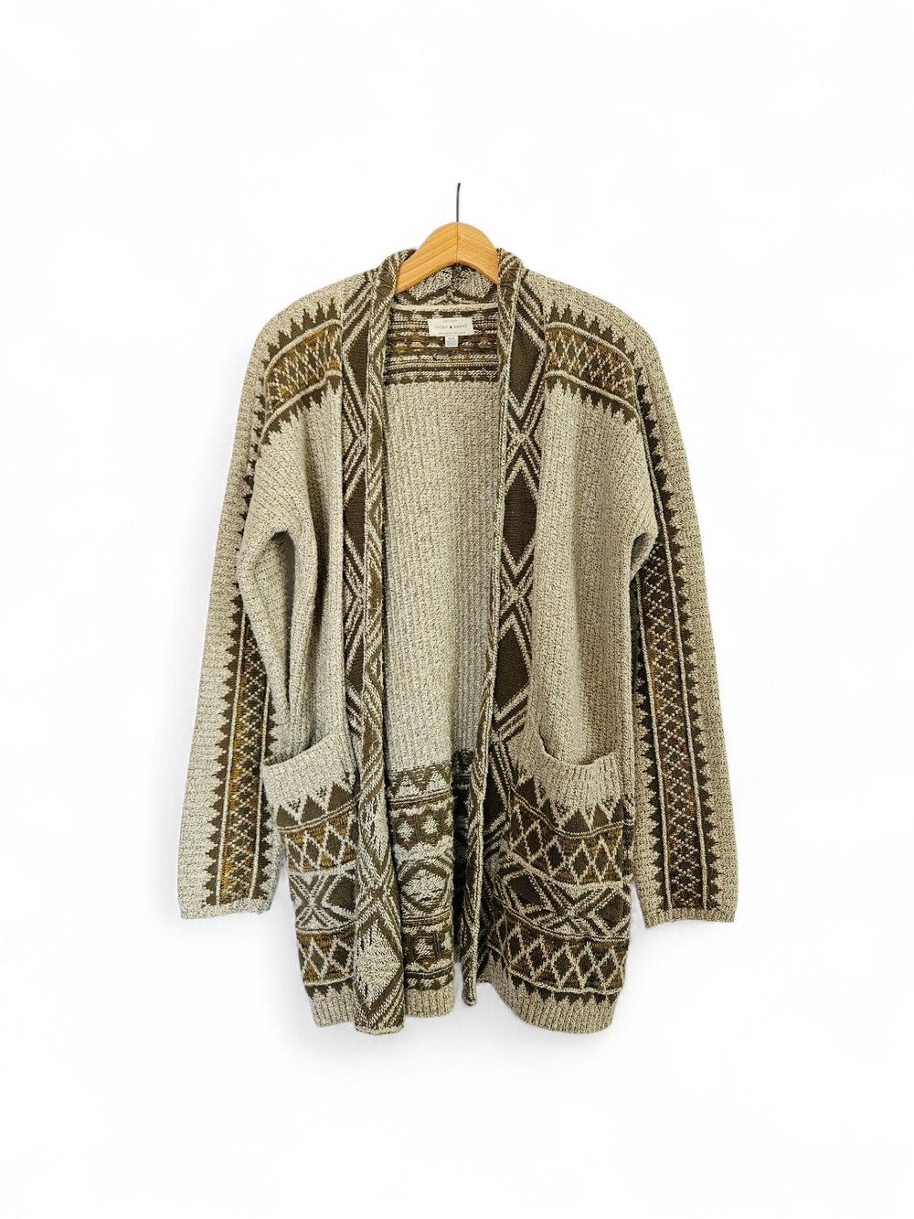 Cozy Open-Front Geometric Knit Cardigan - Beige & Brown Lucky Brand Aztec Medium